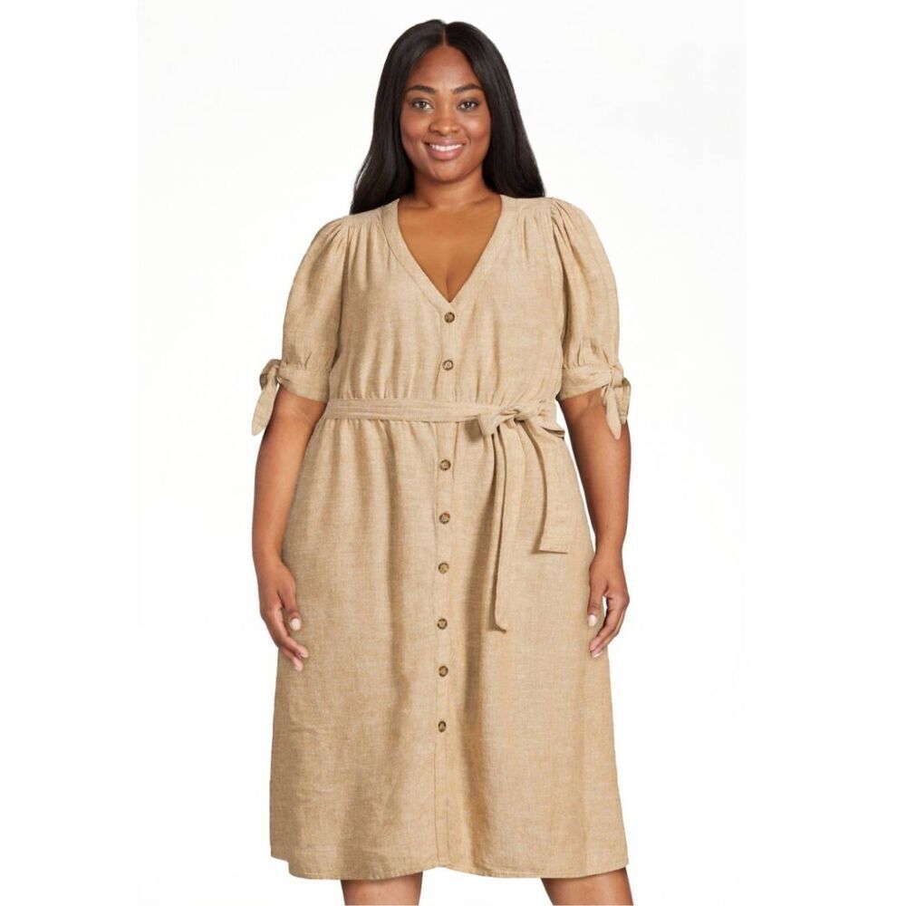 NWT Time and Tru Plus Size XXXL V-Neck Puff Sleeve Linen Blend Midi Dress